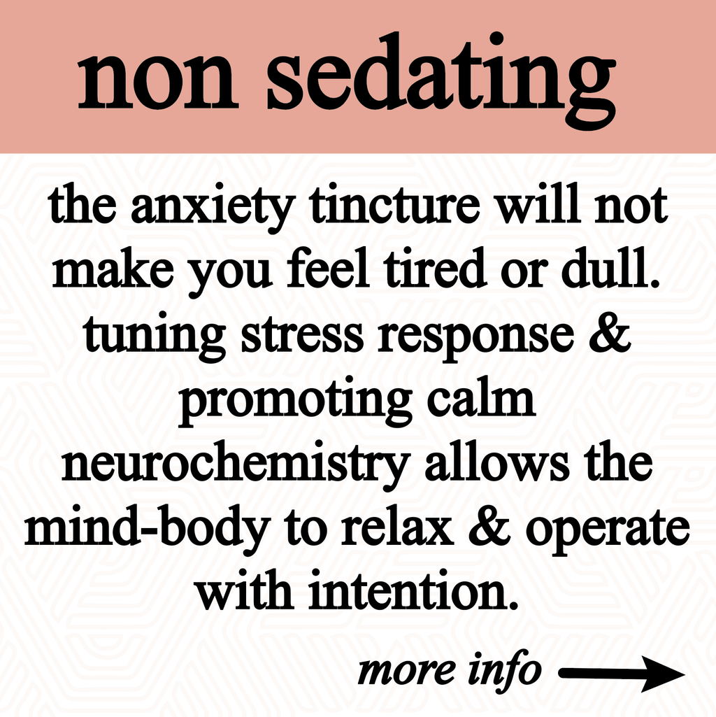 Text describing an anxiety tincture's effects on stress response and neurochemistry with a call to action for more information.