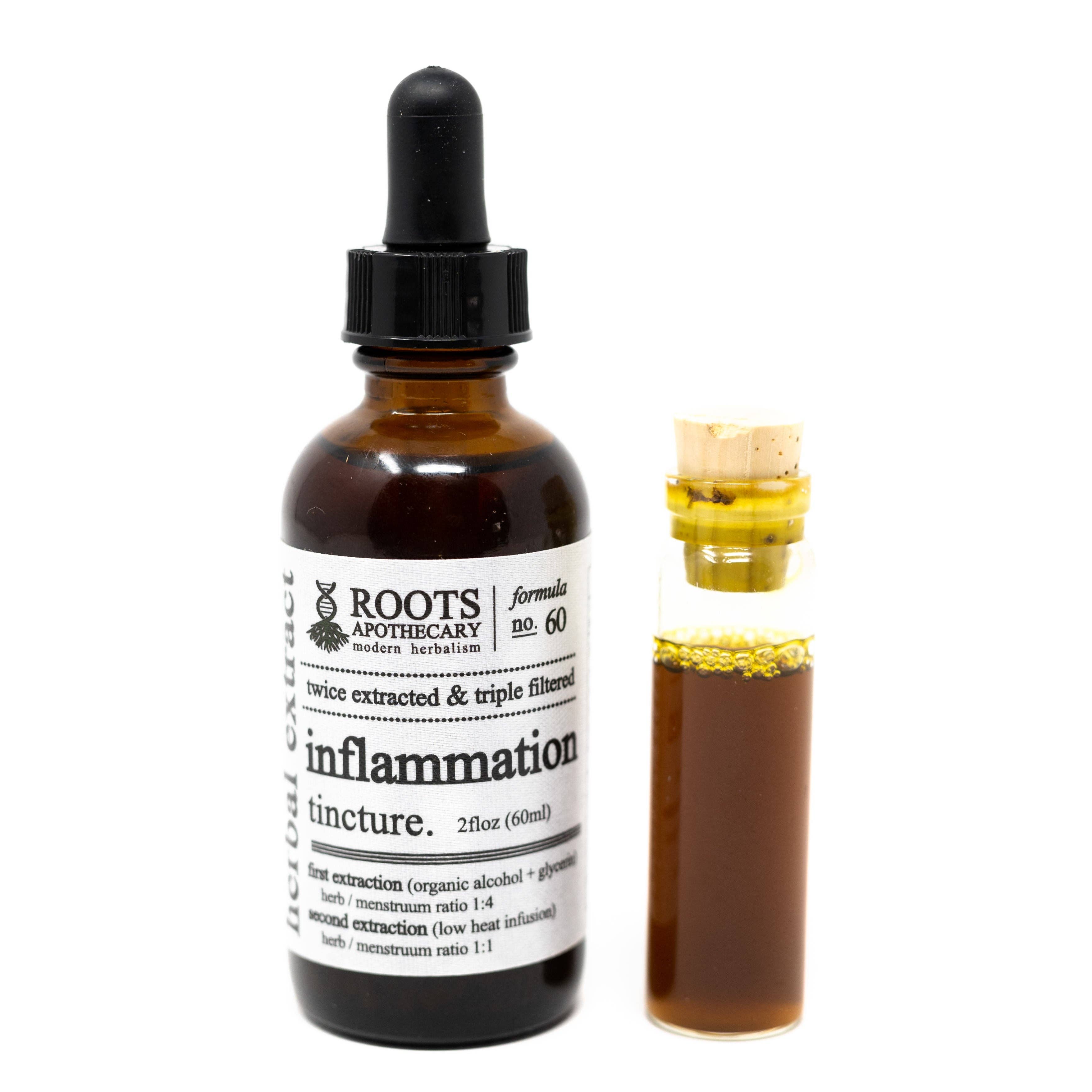 Bottle of inflammation tincture with dropper labeled 'ROOTS Apothecary' on a white background