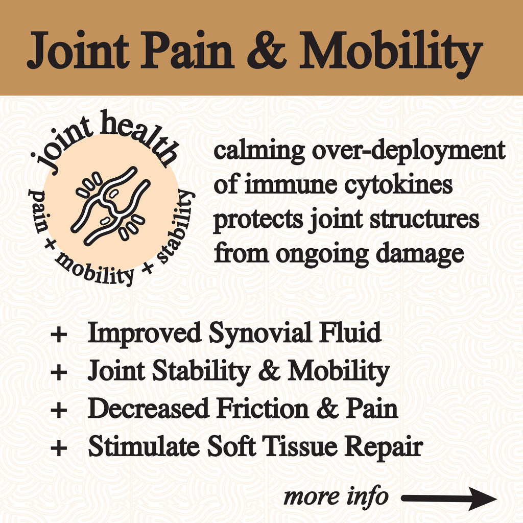 Text about joint pain and mobility with a logo on a beige background