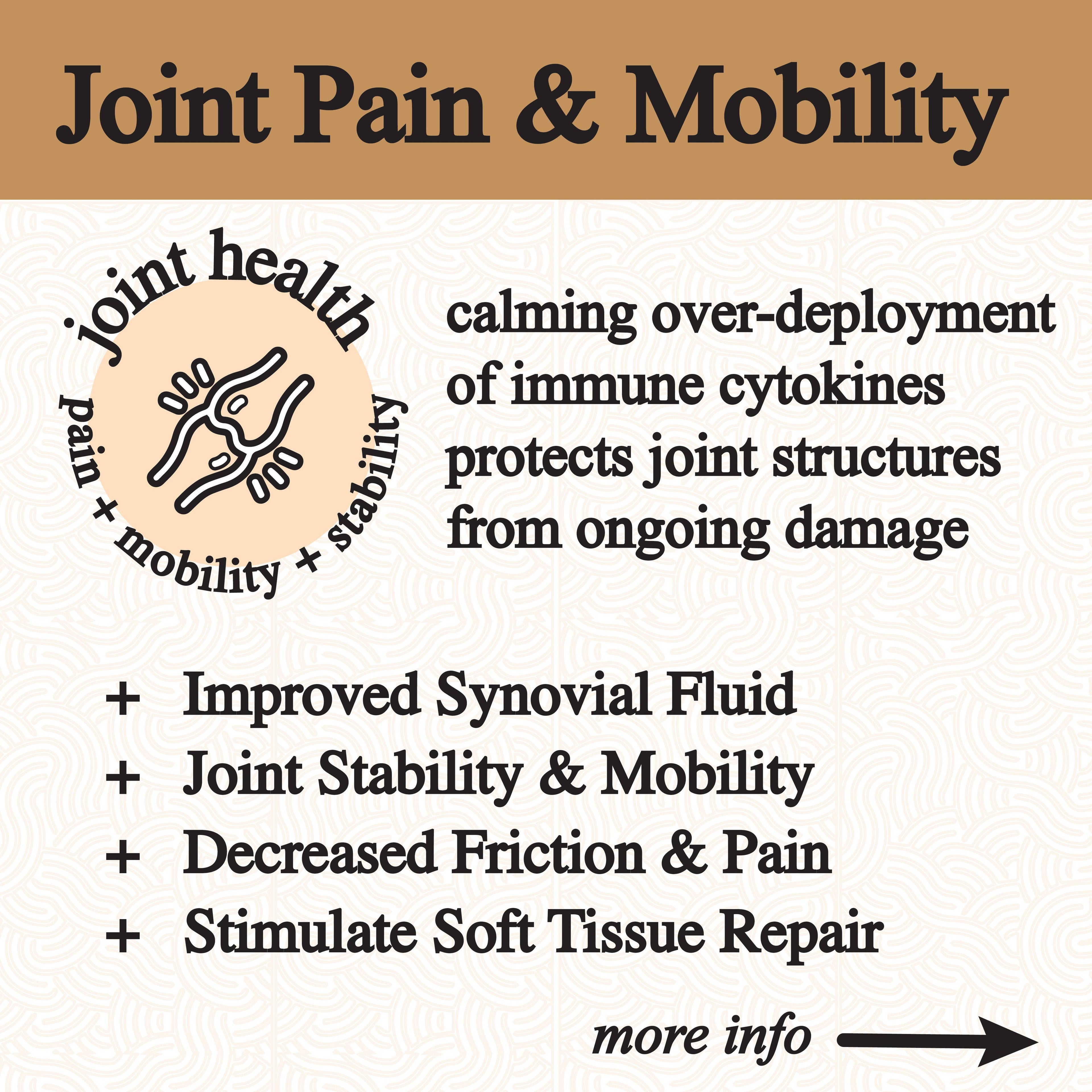 Text about joint pain and mobility with a logo on a beige background