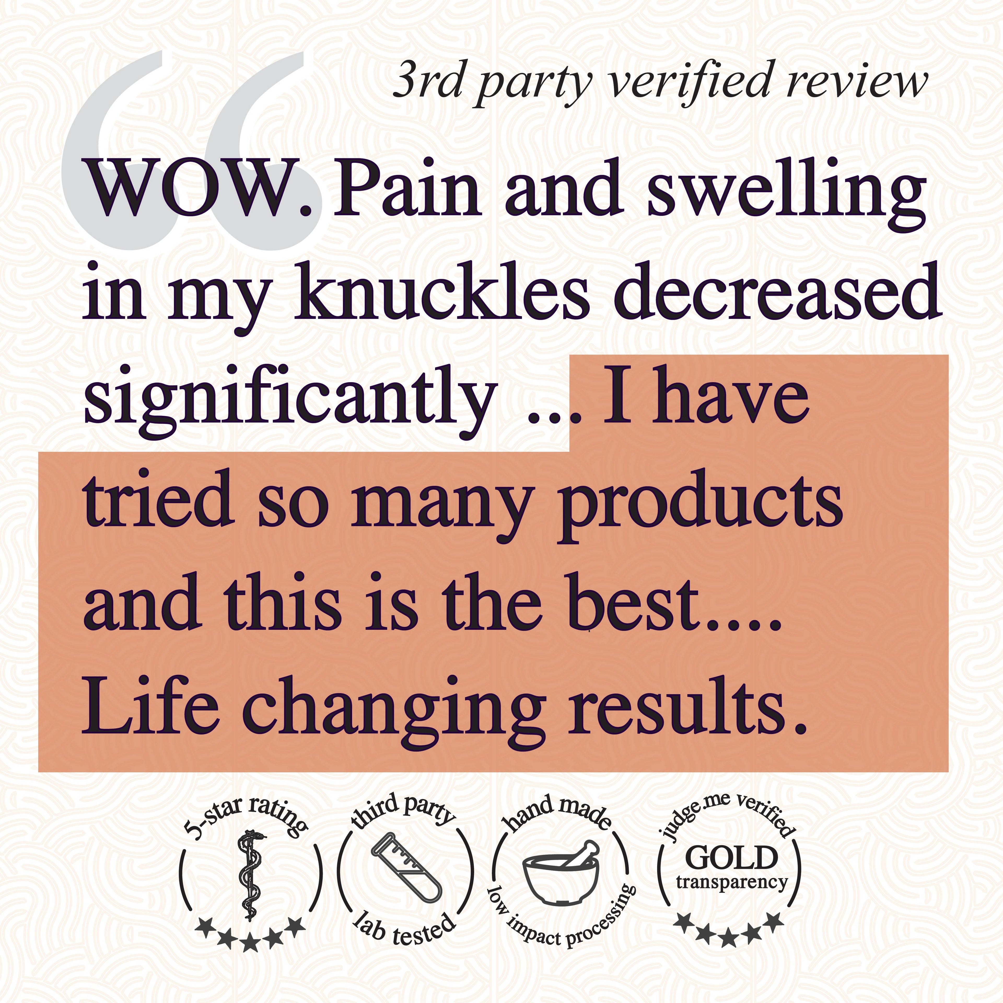 Product review with text about pain relief effects and verified third-party status.