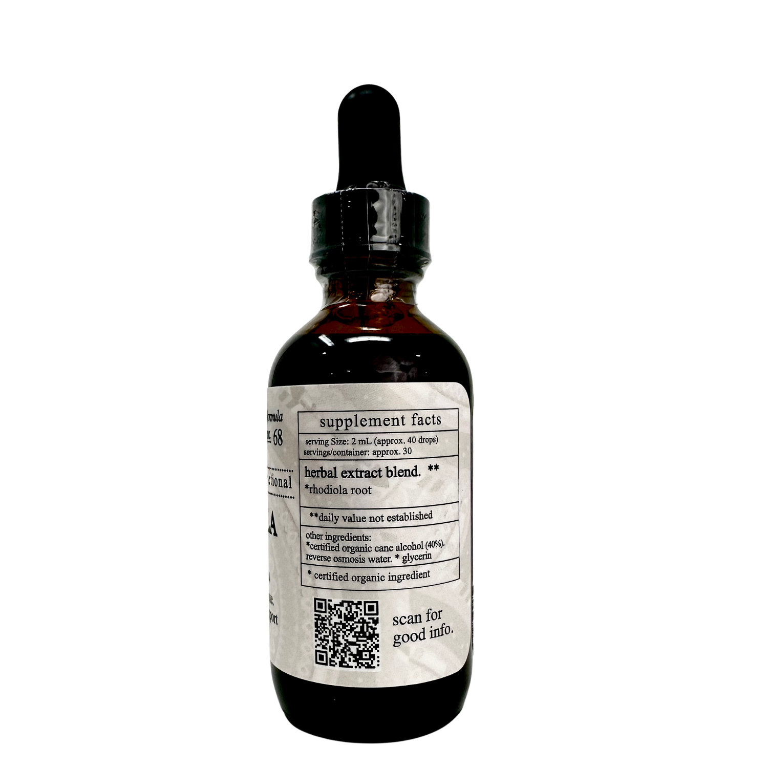 Bottle of herbal extract blend with dropper on a white background
