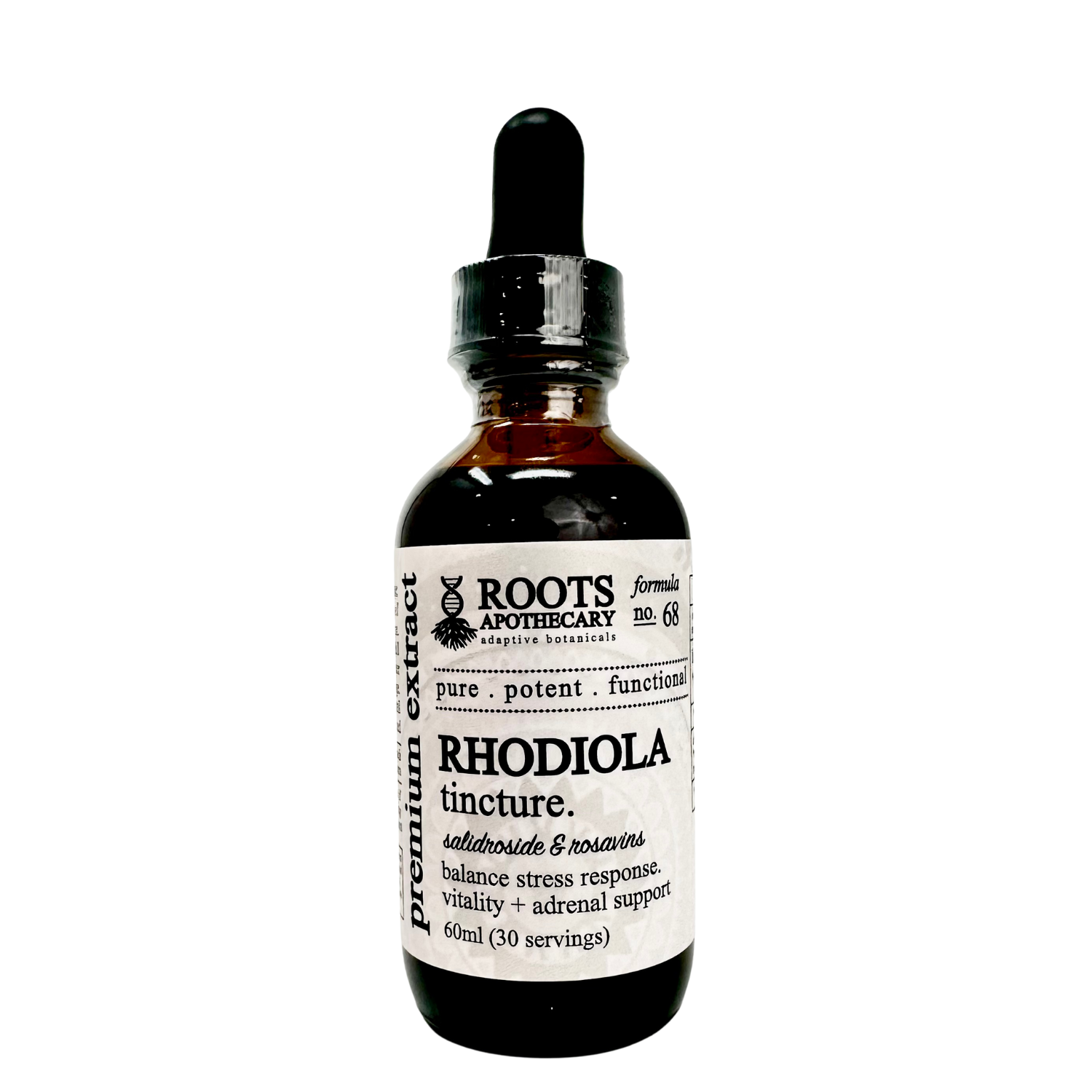 Bottle of Rhodiola tincture with a dropper labeled 'Roots Apothecary' on a white background.