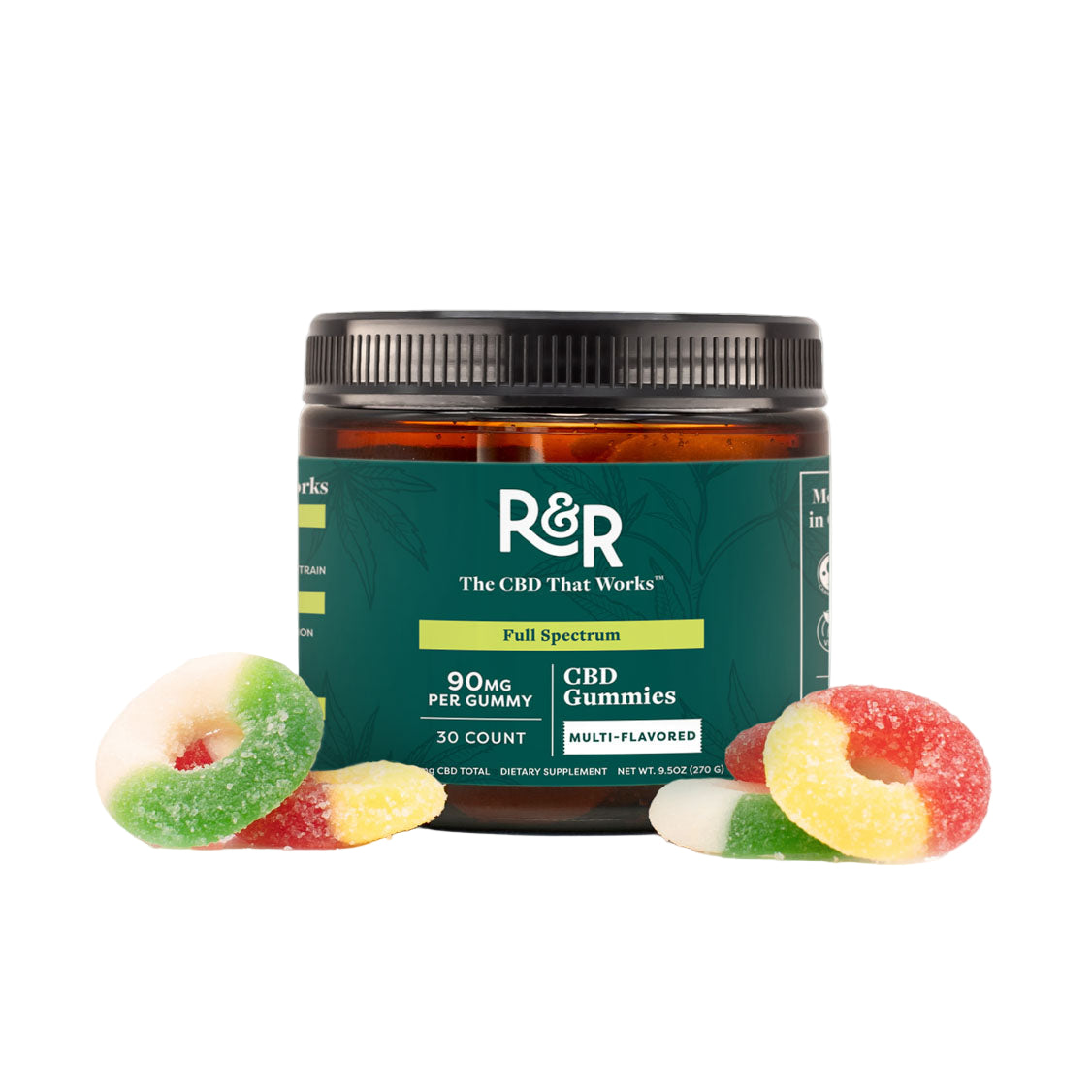 Jar of R&R 90mg CBD gummies with gummy rings on a white background