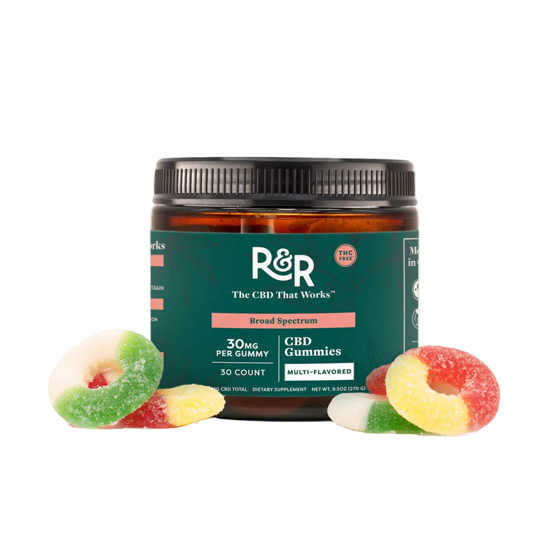 Jar of R&R CBD Gummies with gummy bears on a white background