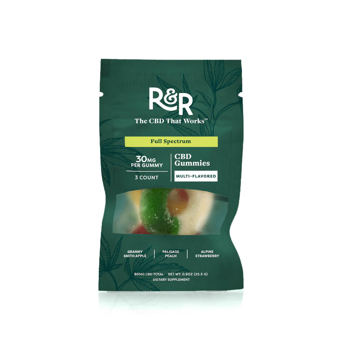 Green package of 30mg R&R CBD Gummies on a white background