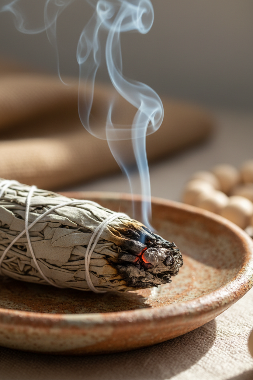 photo of sage burning on a ceramic plate