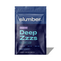 A navy-colored pouch with the 'Slumber' brand and 'Deep Zzzs' product name for a sleep supplement, indicating 25mg CBD, 3mg THC, and 0.2% CBN with a lemon raspberry flavor, in a pack of 5 gummies.