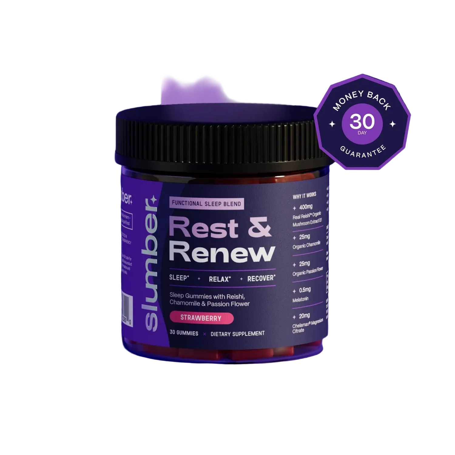 Purple supplement jar labeled 'Rest & Renew' with a money-back guarantee badge on a white background