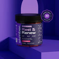 Supplement jar labeled 'Rest & Renew' by Slumber on a purple background with a money-back guarantee badge.