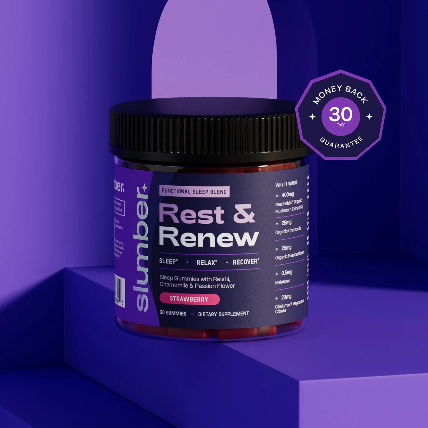 Supplement jar labeled 'Rest & Renew' by Slumber on a purple background with a money-back guarantee badge.