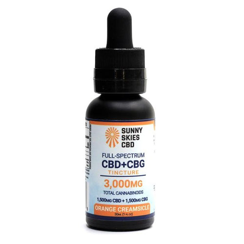CBD tincture bottle with dropper labeled 'Sunny Skies CBD' on a white background