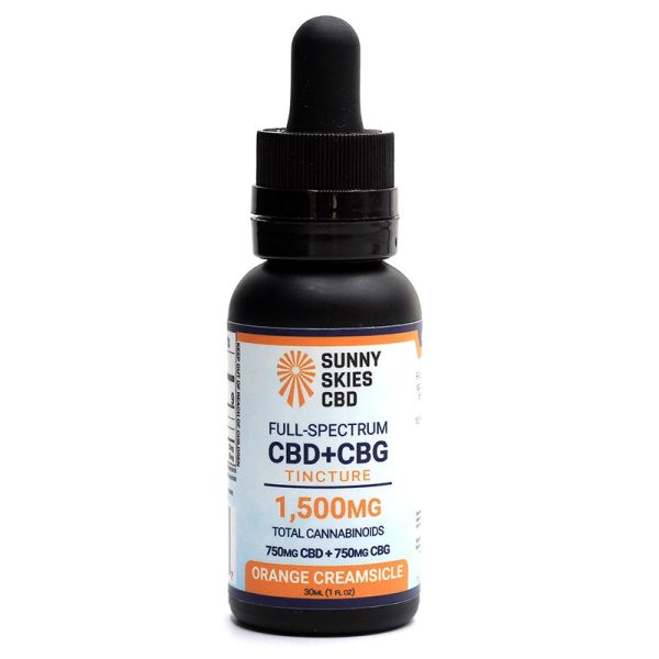 Sunny Skies CBD tincture bottle with dropper on a white background