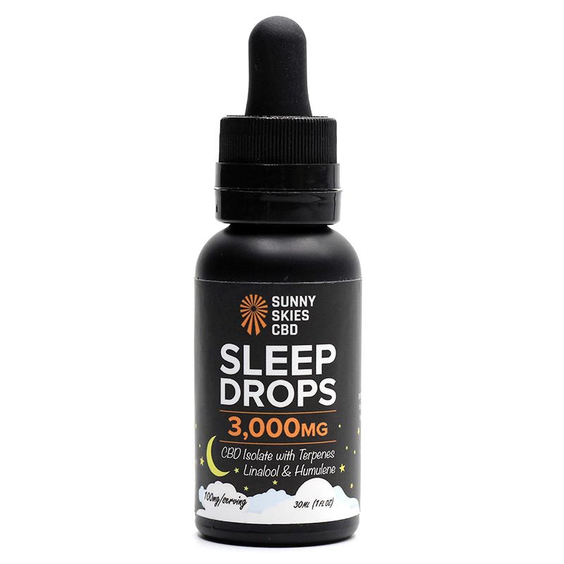 Black bottle of Sunny Skies CBD Sleep Drops on a white background