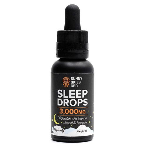 Black bottle of Sunny Skies CBD Sleep Drops on a white background