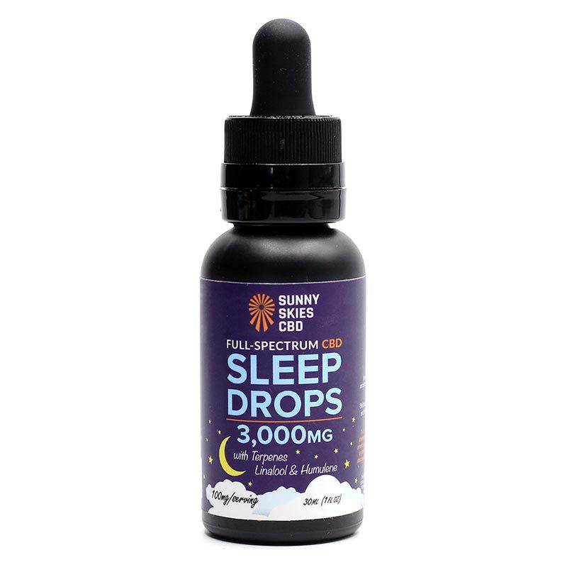 Sunny Skies CBD Full-Spectrum Sleep Drops bottle on a white background