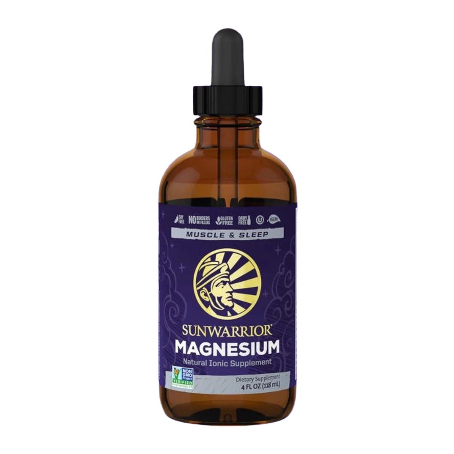 Sunwarrior magnesium supplement bottle with dropper on a purple background, labeled as '2025 Top Product'.