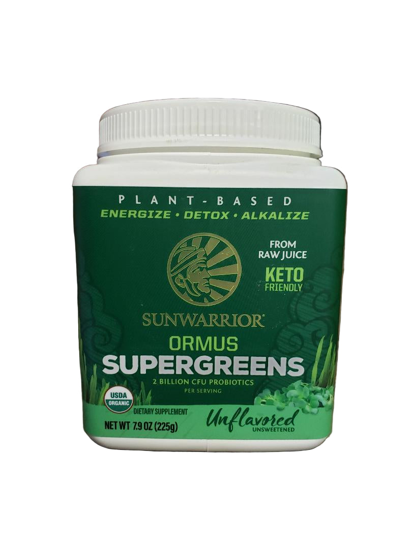 Sunwarrior Ormus Supergreens supplement container on a white background