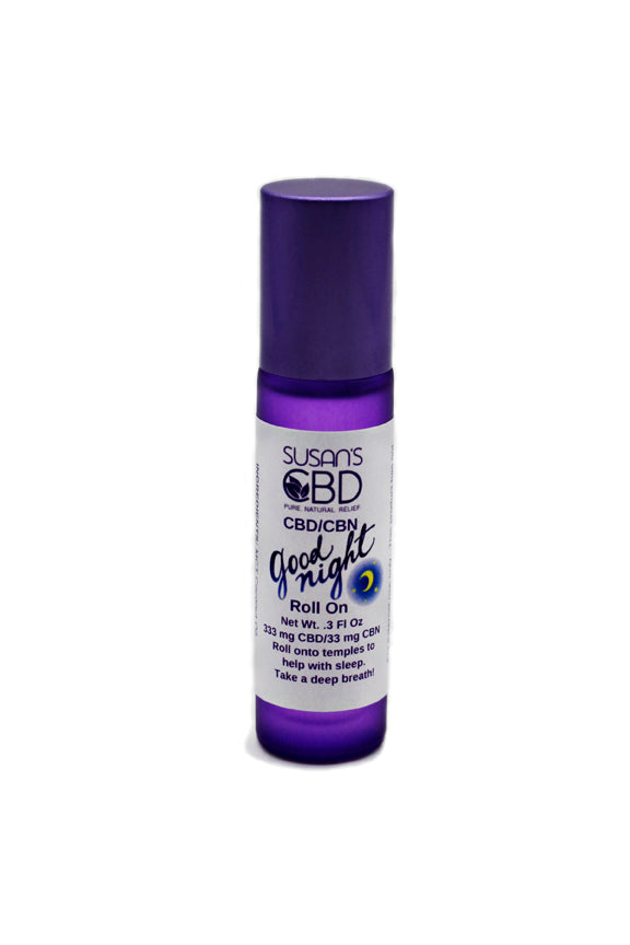 Susan's CBD Good Night roll-on bottle on a white background