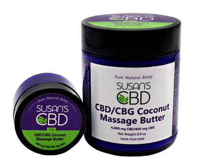 Two jars of Susan's CBD CBD/CBG Coconut Massage Butter on a white background