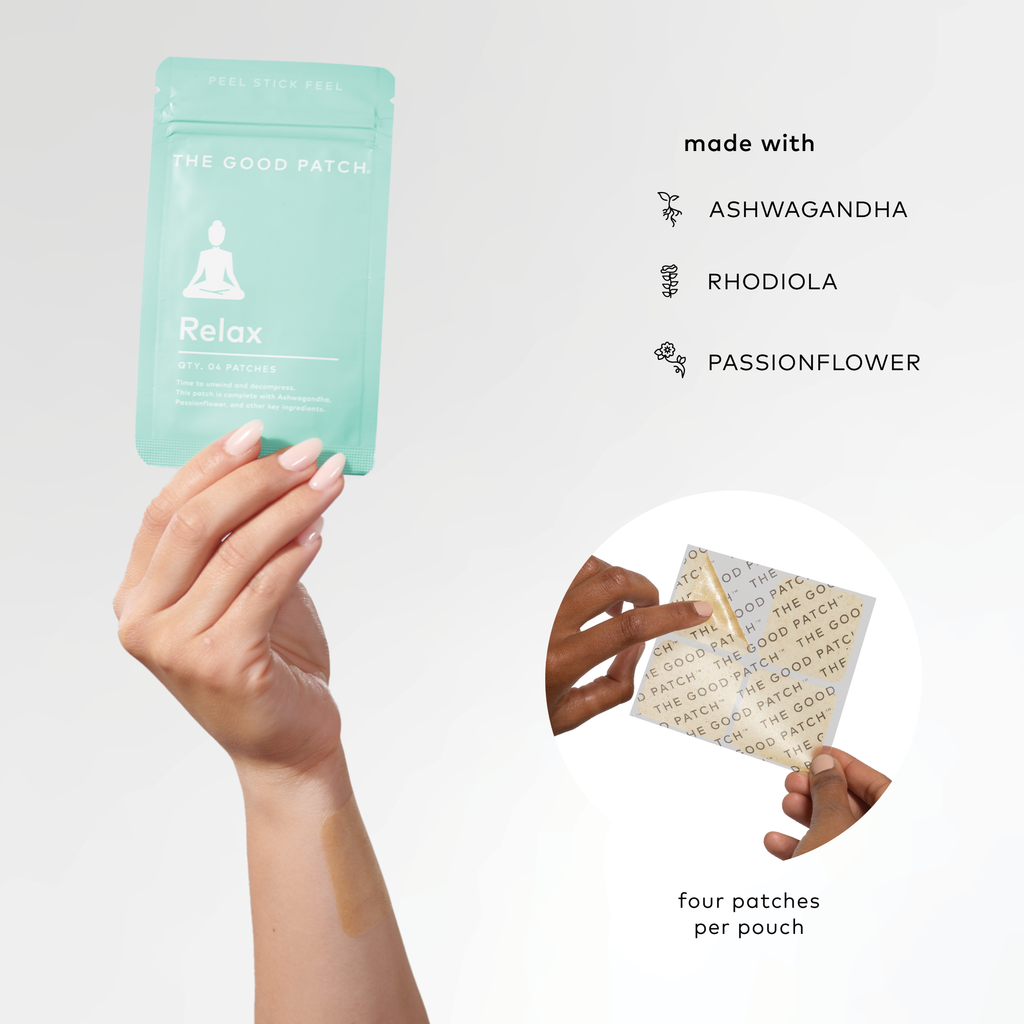 Hand holding a green package labeled 'The Good Patch' with text about ingredients and quantity on a light gray background.