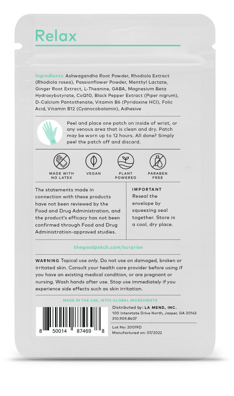 Back of a supplement package labeled 'Relax' with text and branding.