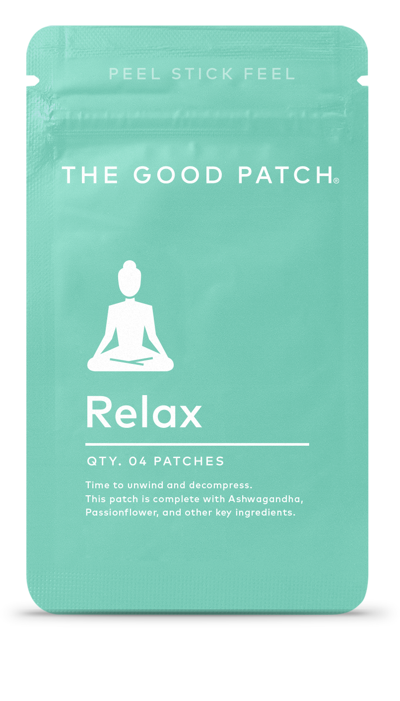 Teal package of 'The Good Patch' with a white silhouette of a person meditating and the word 'Relax'.