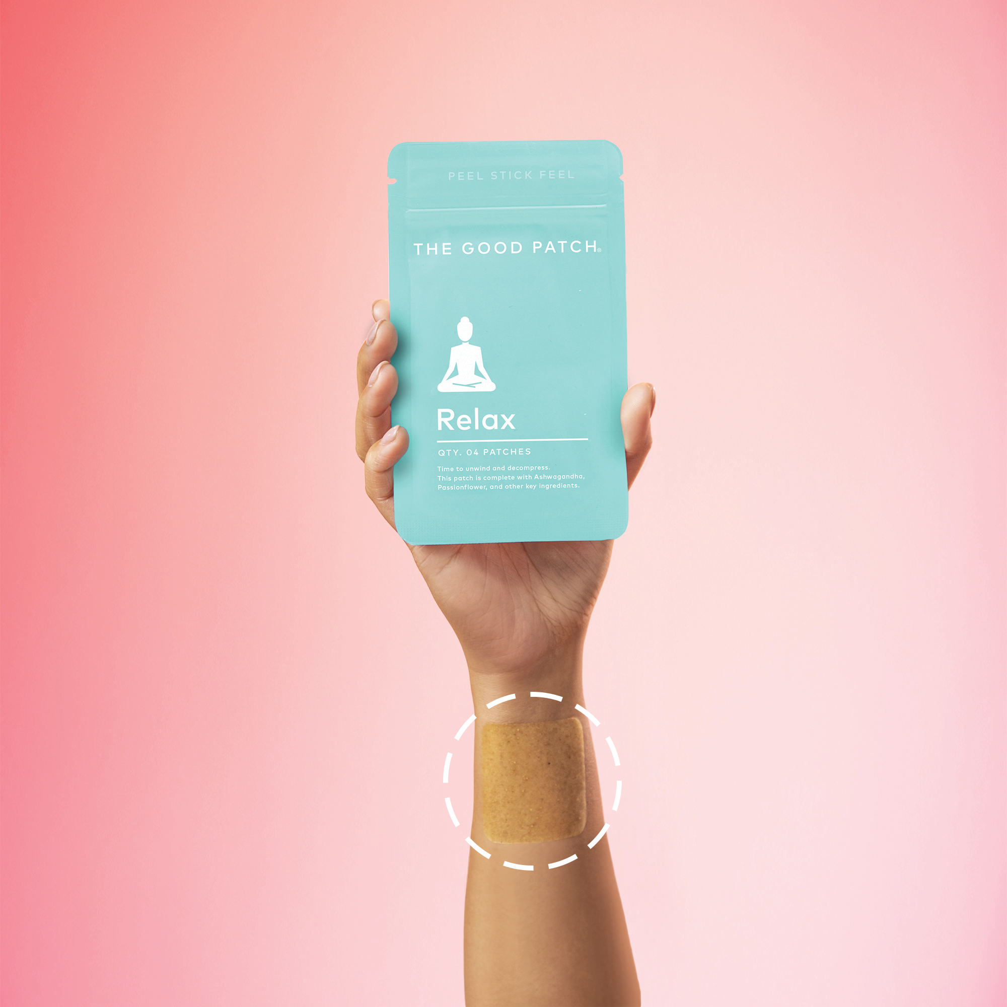 Hand holding a 'The Good Patch' relax patch against a gradient pink and orange background