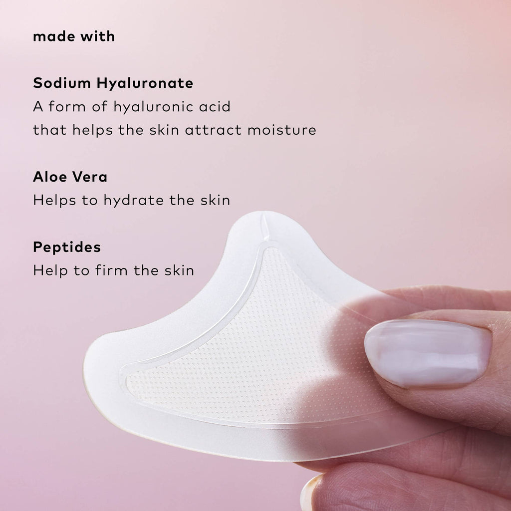 Skincare patch held by a hand with text about ingredients on a pink background