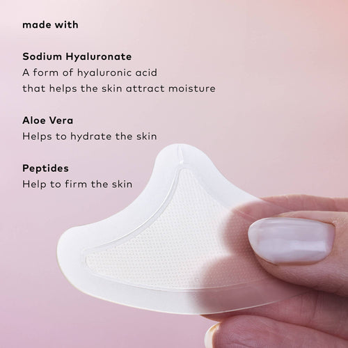 Skincare patch held by a hand with text about ingredients on a pink background