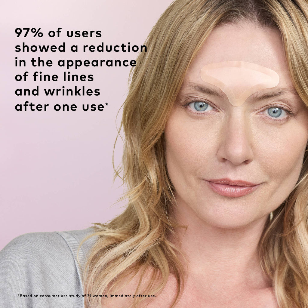 Woman with blonde hair and blue eyes on a pink background with text about skincare product effectiveness.