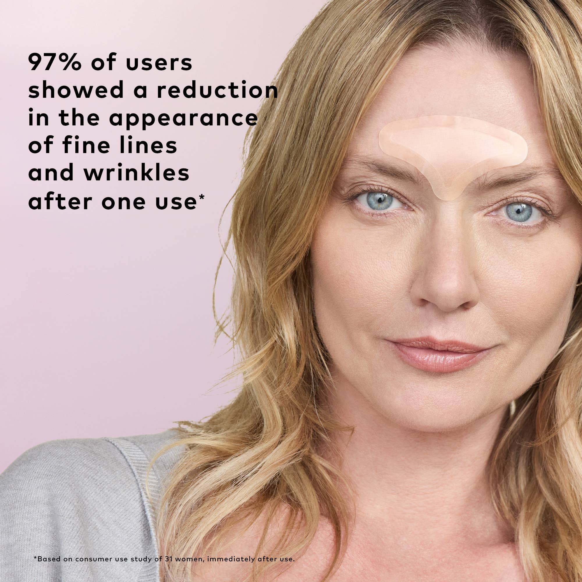 Woman with blonde hair and blue eyes on a pink background with text about skincare product effectiveness.