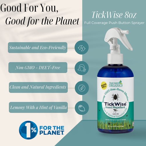 TickWISE insect repellent spray bottle with sustainability features on a white and blue background