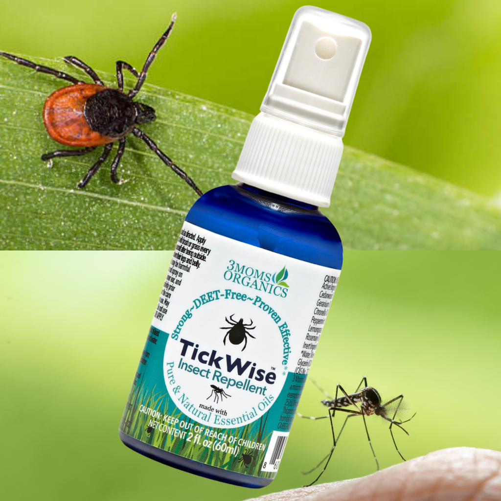 Tick Wise insect repellent bottle with tick and mosquito on a green background