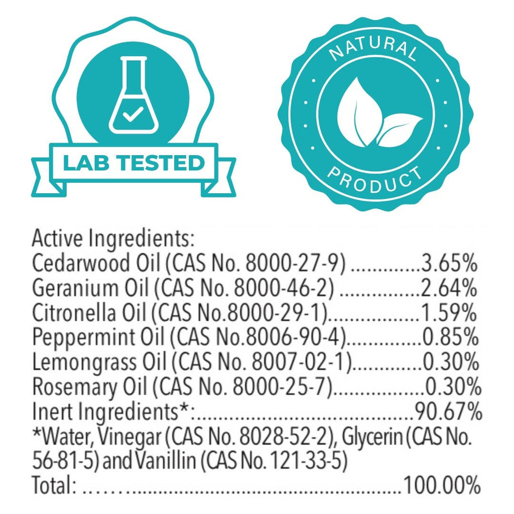 Product label with lab tested and natural product badges, active ingredients list, and percentages.