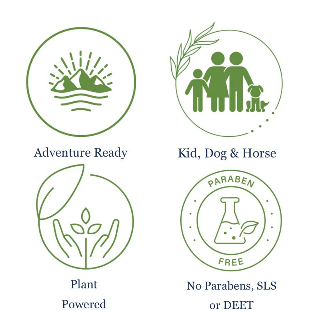 Set of green icons with labels for 'Adventure Ready', 'Kid, Dog & Horse', 'Plant Powered', and 'Paraben Free' on a white background.
