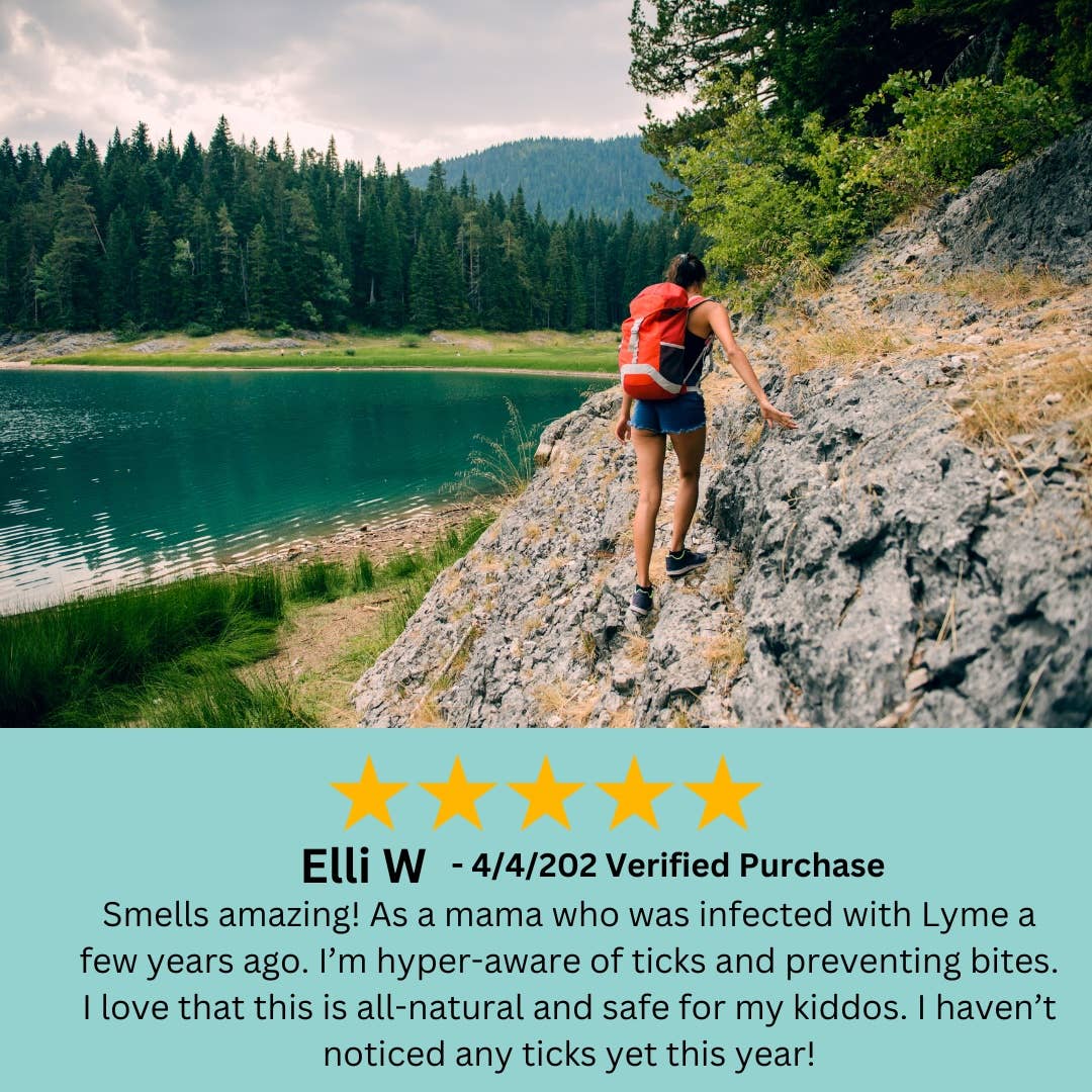 Person hiking near a lake with a five-star review overlay.