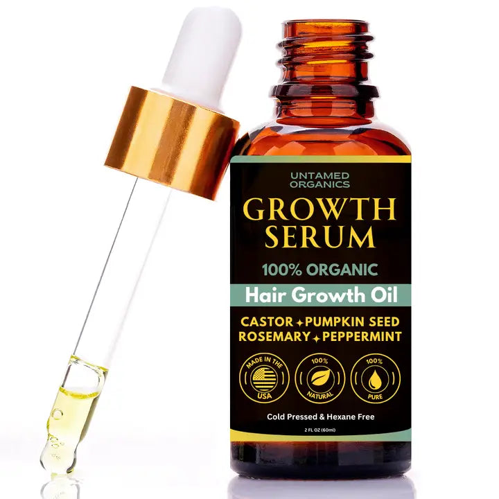 Hair growth serum bottle with dropper on a white background