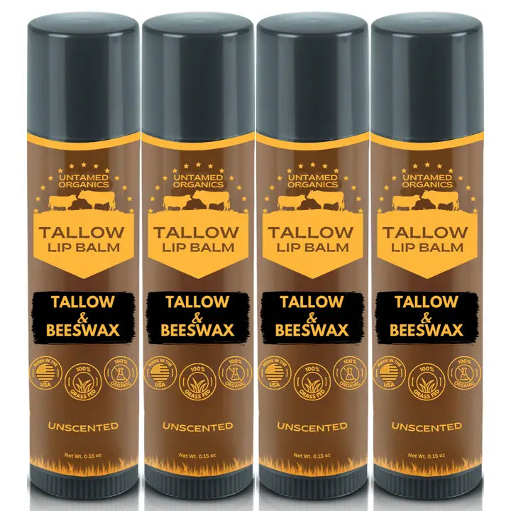 Four bottles of Untamed Organics Tallow Lip Balm with tallow and beeswax on a white background