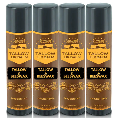 Four bottles of Untamed Organics Tallow Lip Balm with tallow and beeswax on a white background