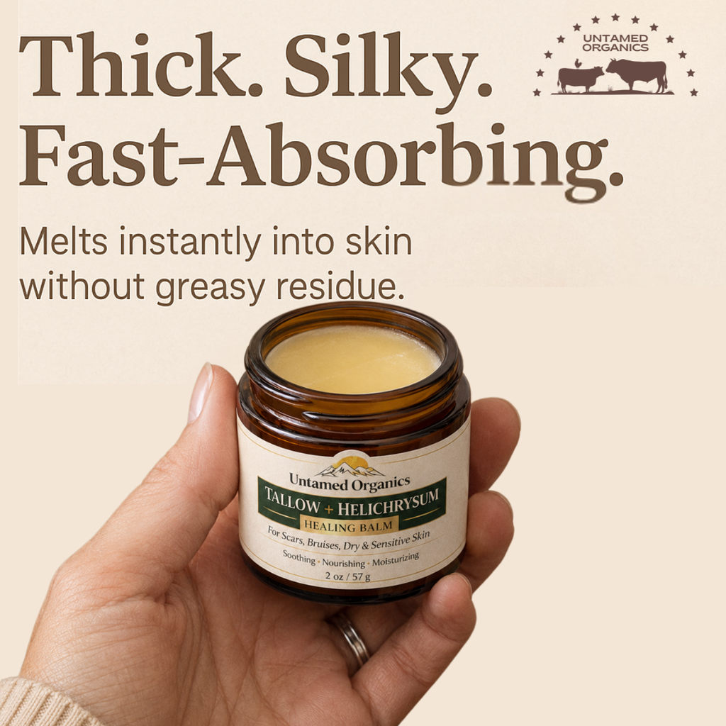 Hand holding a jar of Untamed Organics balm with product description text on a beige background