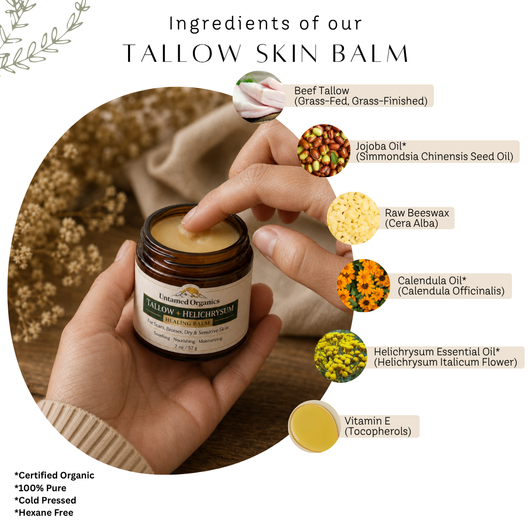 Tallow skin balm jar with hand holding it, surrounded by ingredient icons and text.