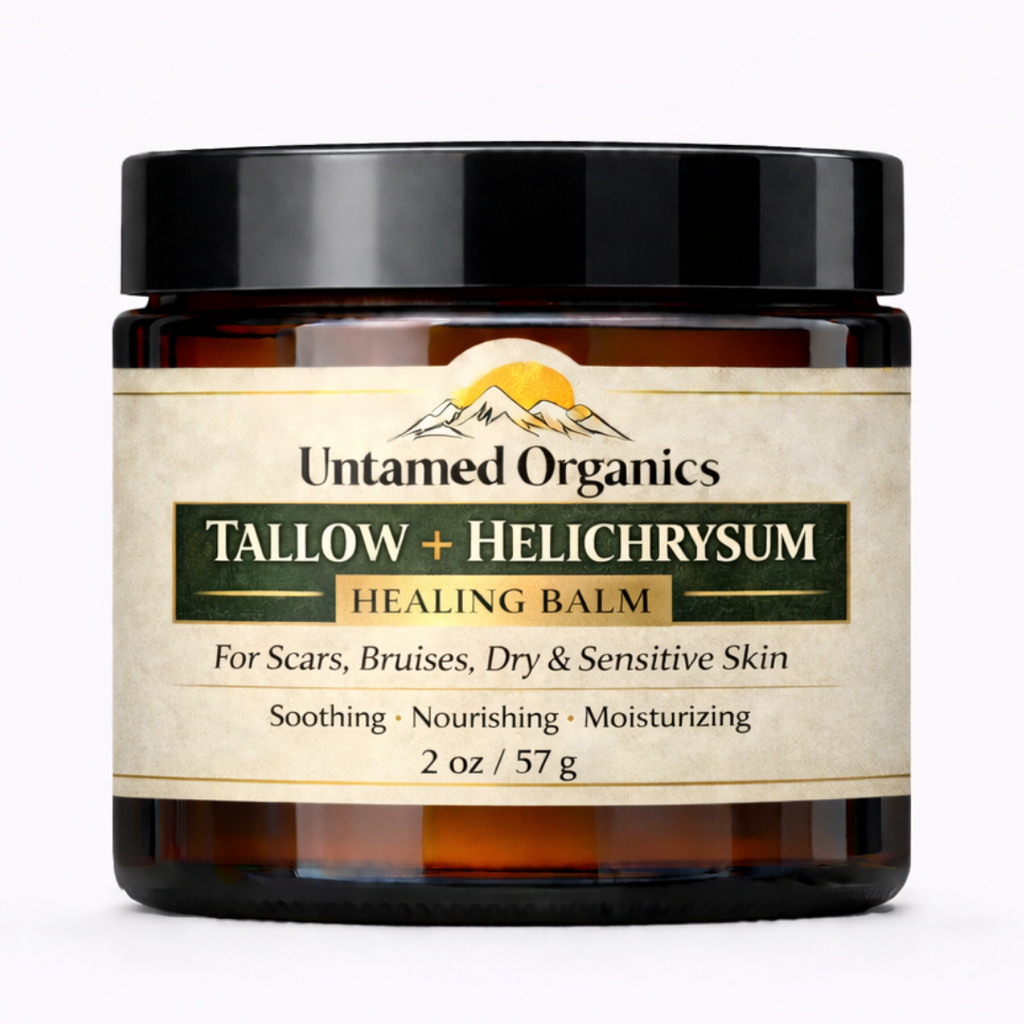 Jar of Untamed Organics Tallow + Helichrysum Healing Balm on a white background
