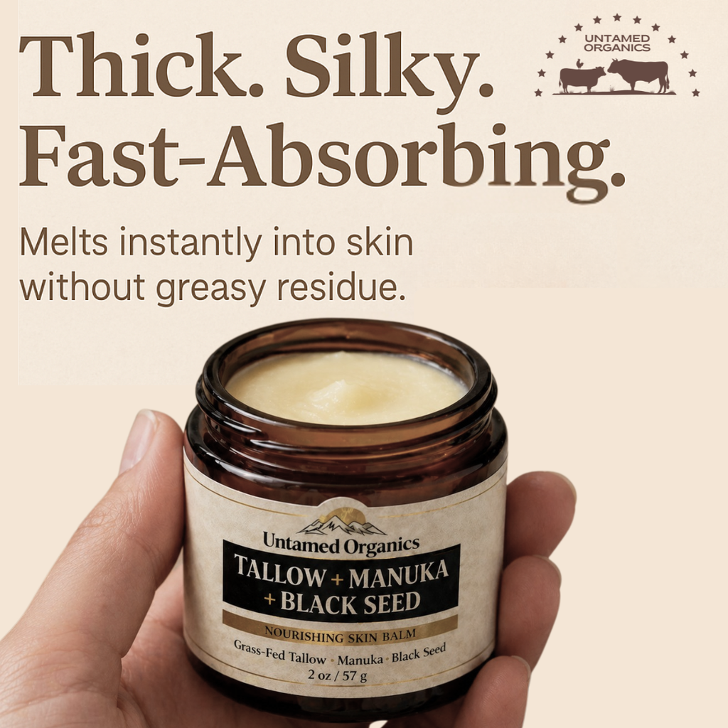 Jar of Untamed Organics Tallow + Manuka + Black Seed skin balm held by a hand, with product description text above.