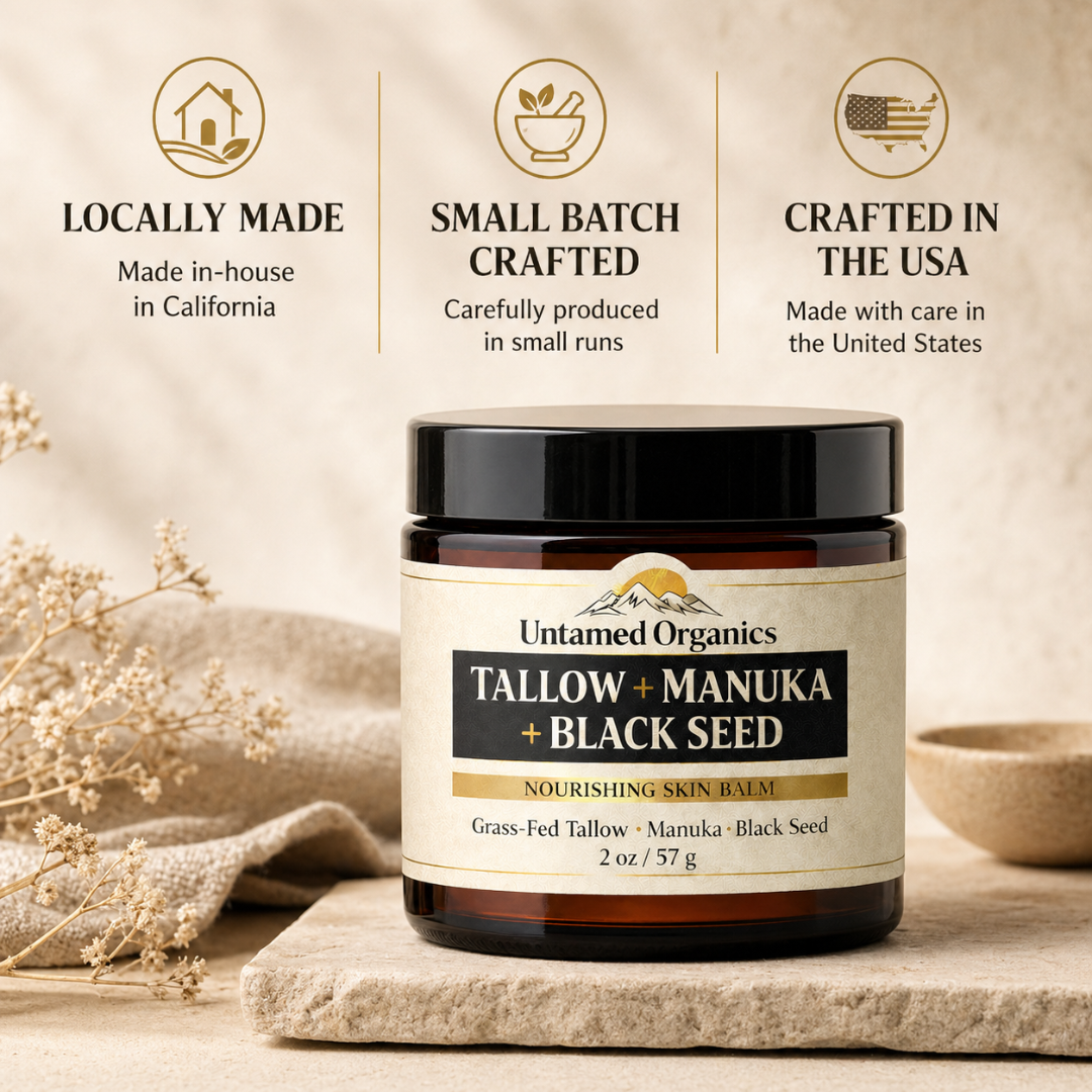 Jar of Untamed Organics Tallow + Manuka + Black Seed skin balm on a neutral background