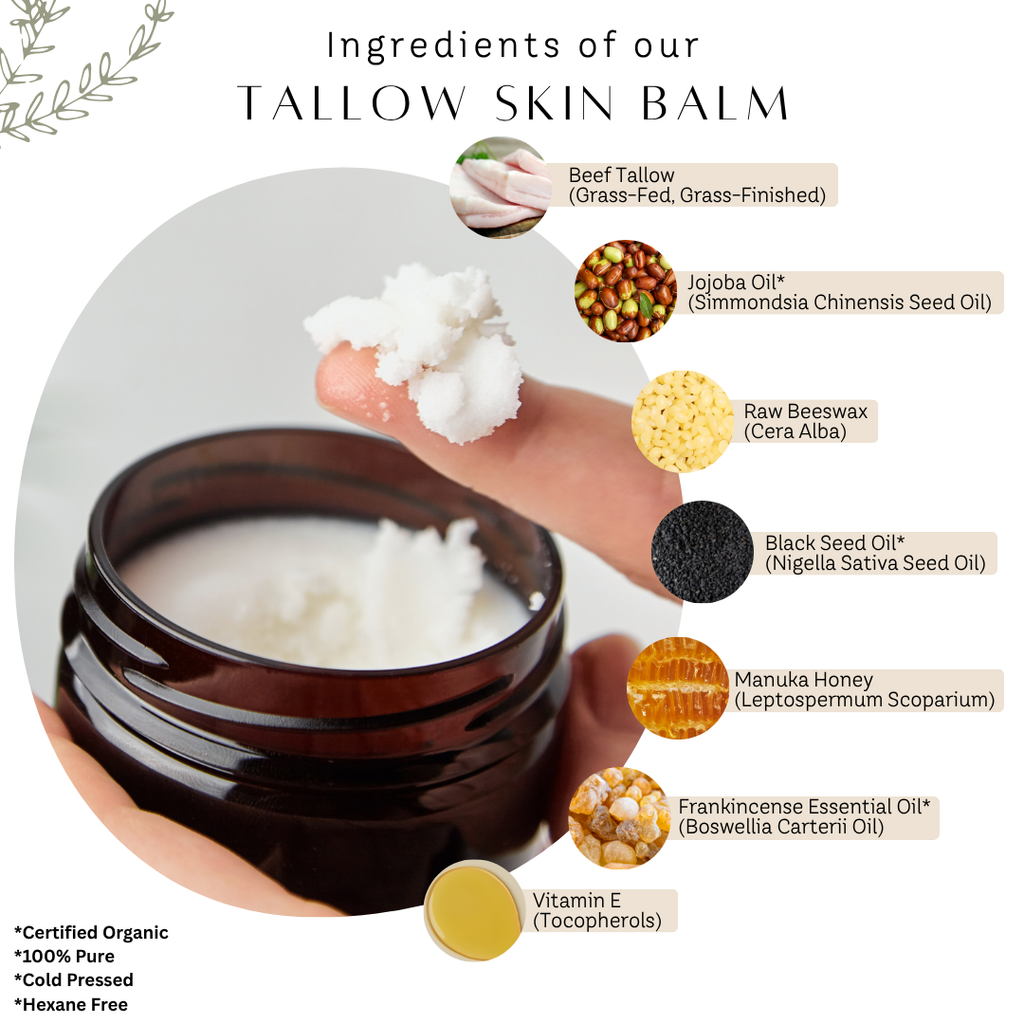 Tallow skin balm jar with ingredients listed on a white background