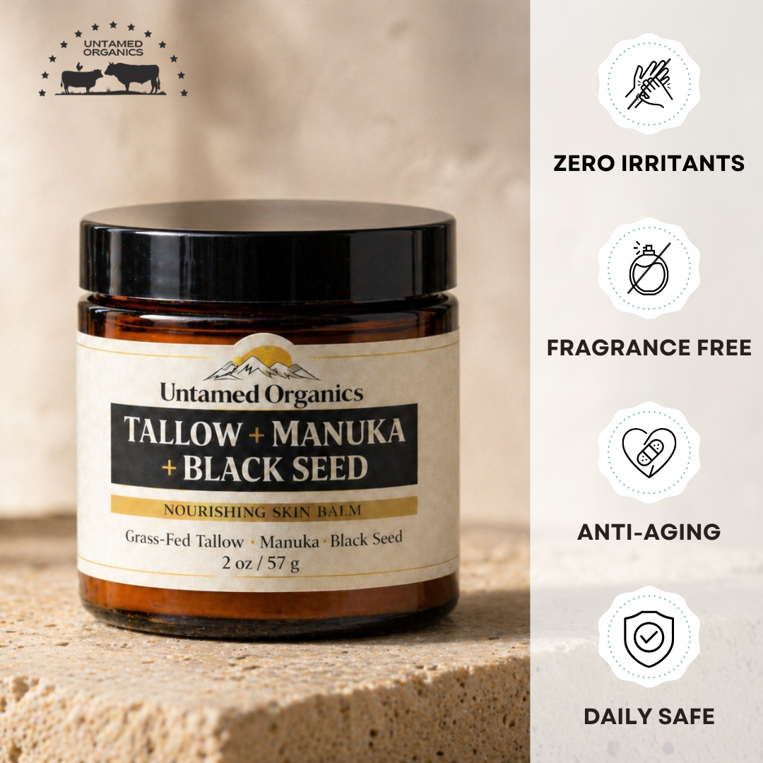 Jar of Untamed Organics Tallow + Manuka + Black Seed balm with features listed on the right.