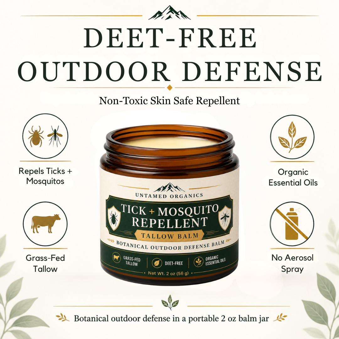 Tick and mosquito repellent balm jar with branding and product features on a white background