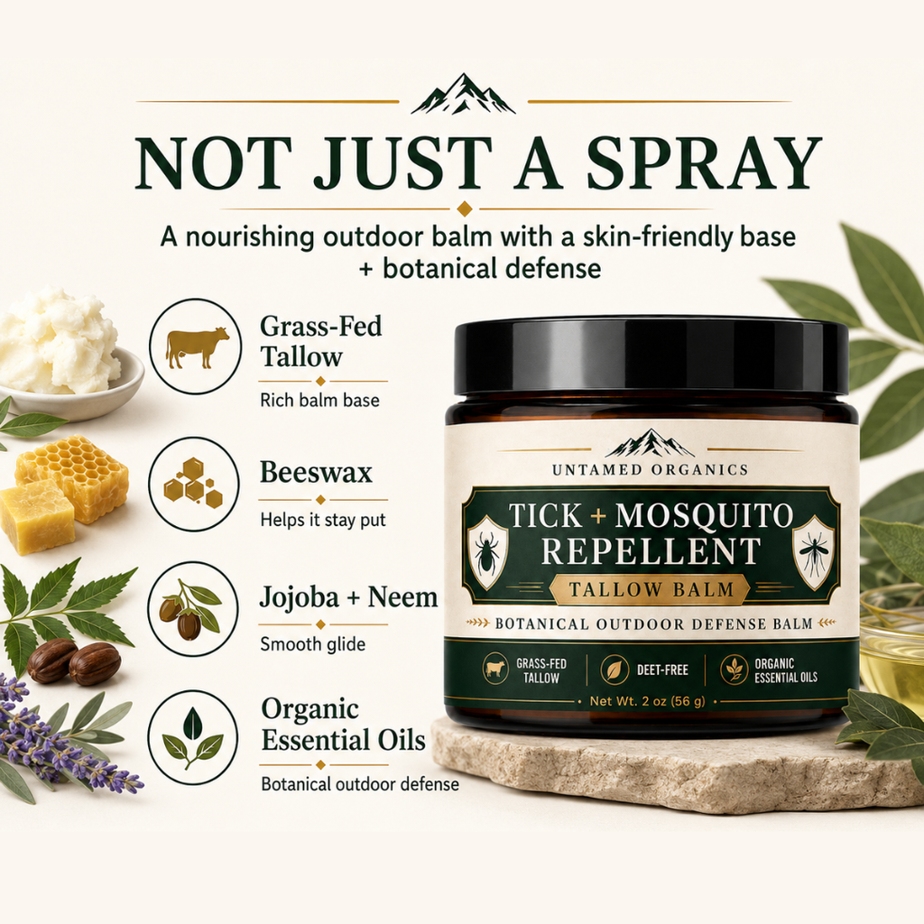 Tick and mosquito repellent balm with ingredients listed on a white background