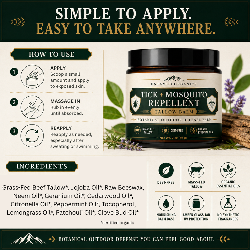 Tick and mosquito repellent balm with application instructions and ingredients listed.